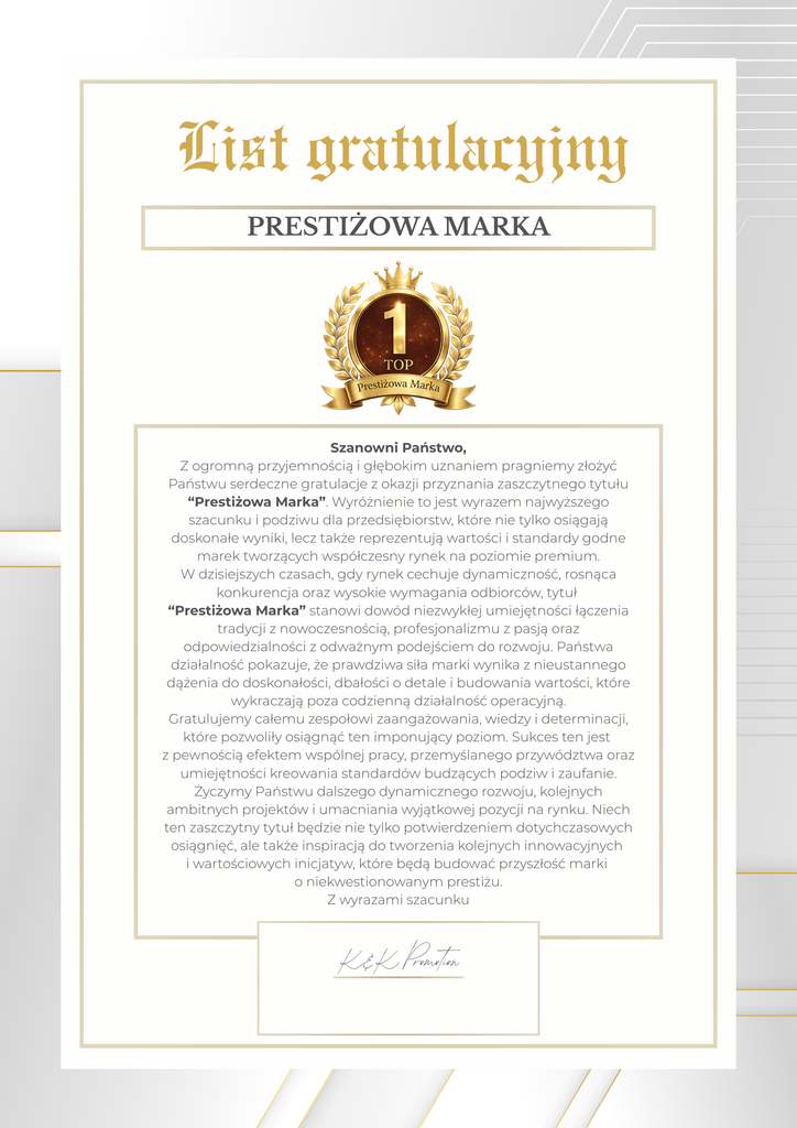 LIST GRATULACYJNY PRESTIŻOWA MARKA 2026